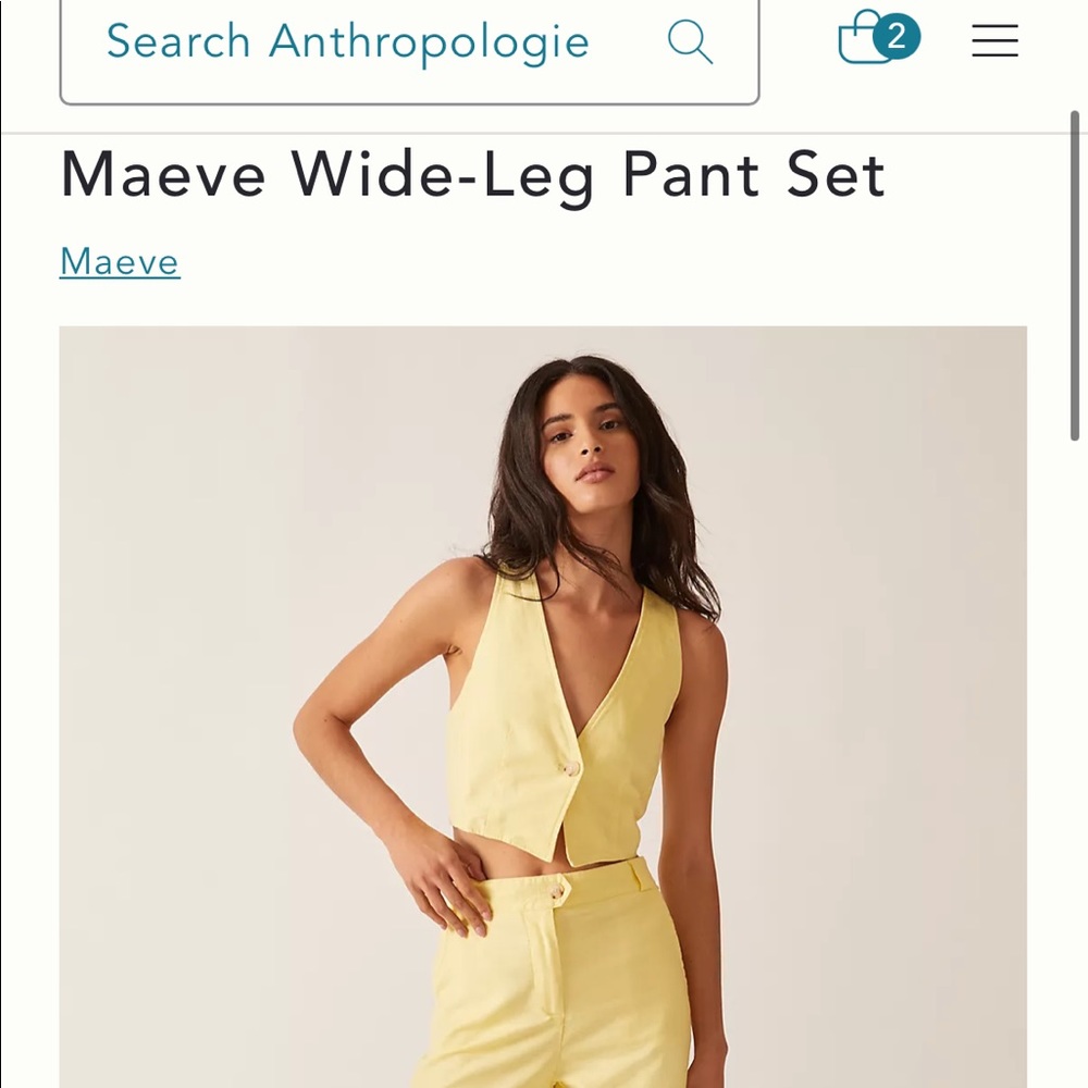 ISO Anthropologie Maeve yellow wide leg pant set suit with vest.